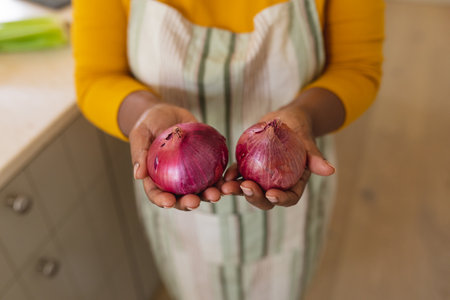 Mid section view of senior african american woman holding onions in kitchen. retreat, retirement and happy senior lifestyle concept.の写真素材