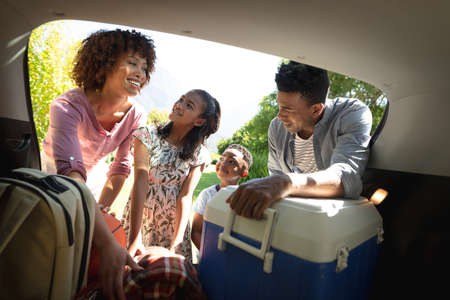 Happy african american couple with son and daughter outdoors, preparing for picnic on sunny day....