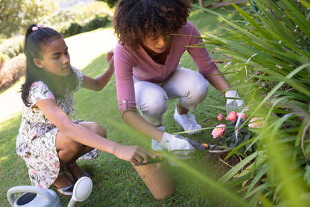 Happy african american mother with daughter outdoors, gardening on sunny day. family enjoying...