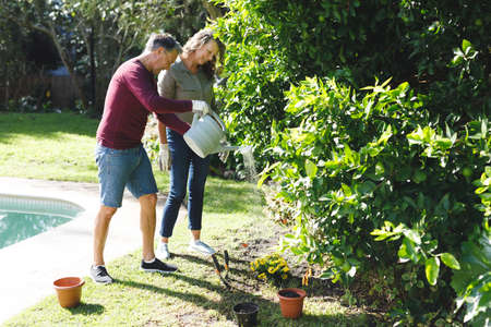 Happy senior caucasian couple gardening together in sunny garden. healthy retirement lifestyle, spending time at home.の写真素材