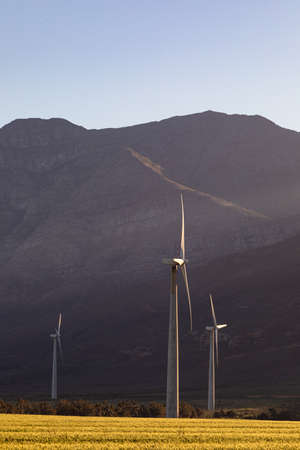 General view of wind turbines in countryside landscape with cloudless sky. environment, sustainability, ecology, renewable energy, global warming and climate change awareness.の写真素材