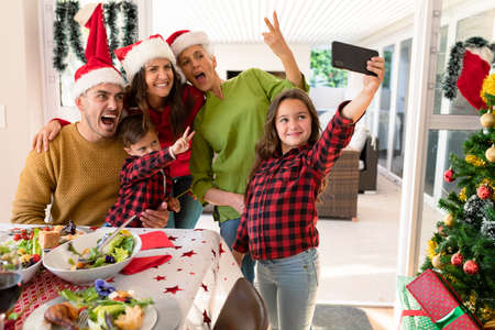 Caucasian multi generation family wearing santa hats taking selfie at christmas time. family...