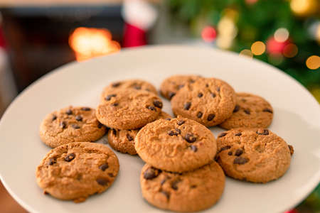 Chocolate cookies lying on plate, christmas decorations in background. christmas dishes, traditions...