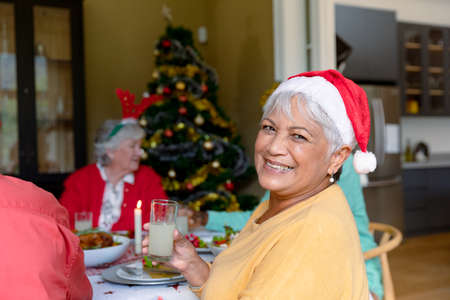 Happy mixed race senior woman holding glass and celebrating christmas with diverse group of friends. christmas festivities, celebrating at home with friends.の写真素材