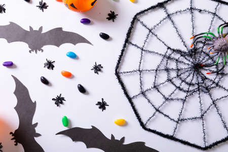 Composition of halloween decorations with spider web, bats and sweets on white background. halloween tradition and celebration concept.の写真素材