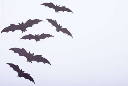 Composition of multiple halloween black bats flying with copy space on white background. halloween tradition and celebration concept.の写真素材