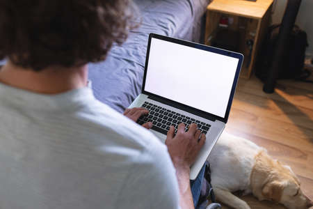 Rear view of disabled man sitting on wheelchair using laptop with copy space on couch at home....