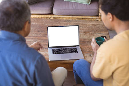 Biracial adult son and senior father holding cups of coffe and making laptop video call. family time...