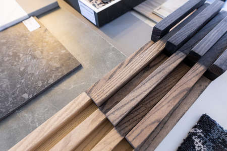 High angle view of various wooden frames on table in office. unaltered, business and creative office.の写真素材