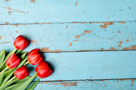 Directly above shot of fresh red tulips on wooden table, copy space. valentine's day and...