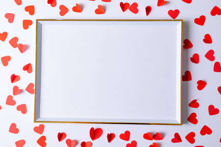 Directly above shot of heart shape pattern with copy space against white background. valentine's...