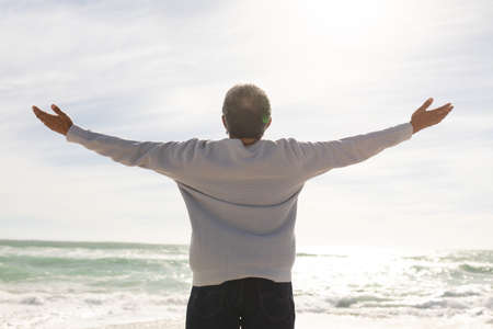 Rear view of biracial senior man with arms outstretched standing at beach during sunny day. active...