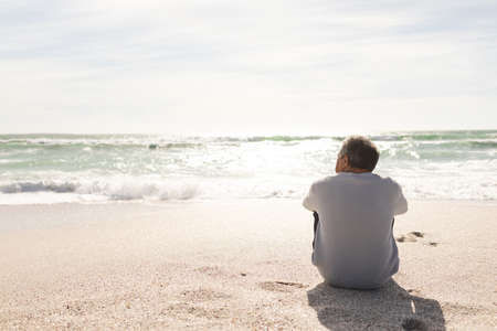 Rear view of biracial senior man looking at horizon over sea from beach shore during sunny day....