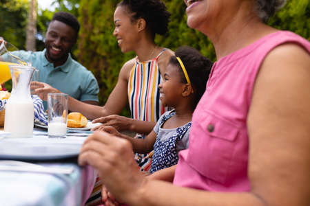 Smiling african american family enjoying brunch at backyard garden. family, love and togetherness concept, unaltered.の写真素材