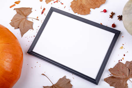Composition of halloween decoration with leaves and frame with copy space on white background. halloween tradition and celebration concept digitally generated image.の写真素材