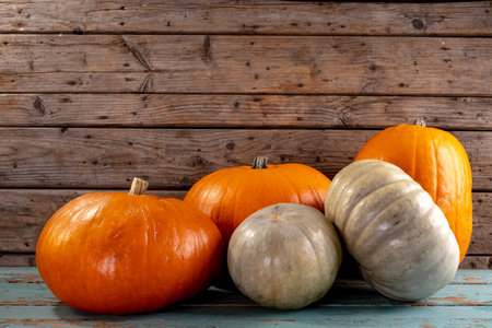 Composition of halloween decoration with pumpkins on wooden background. horror, fright, halloween tradition and celebration concept digitally generated image.の写真素材