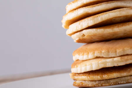 Close-up of pancakes stacked against gray background with copy space. unaltered, breakfast, sweet...