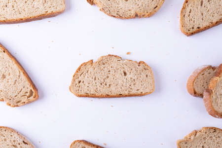 Full frame shot of bread slices on white background. unaltered, healthy food, slice and baked food.