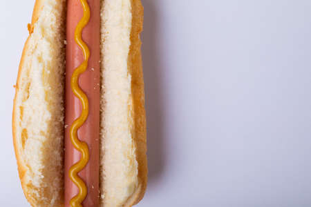 Close-up of hot dog served with mustered sauce on white background with copy space. unaltered, copy space, unhealthy food, meat, bread, sausage and fast food.の写真素材