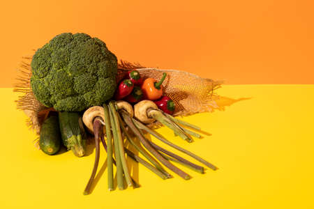High angle view of various fresh organic vegetables with burlap on dual toned background, copy...