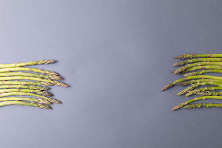 Directly above view of copy space with fresh green asparagus over gray background. unaltered, food,...