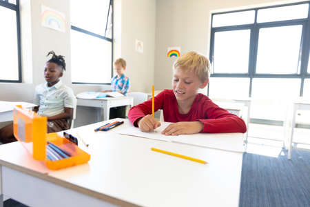 Multiracial elementary schoolboys studying at desk in classroom. unaltered, childhood, education,...