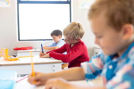 Multiracial elementary schoolboys writing on books while sitting at desk in classroom. unaltered,...