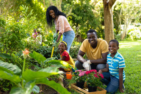 Portrait of happy african american siblings gardening with parents in backyard on weekend. unaltered, family, togetherness, weekend, hobbies, nature and gardening concept.の写真素材
