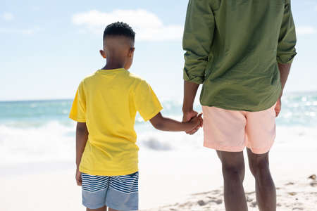 Rear view of african american boy holding hand of father while standing together at beach. unaltered, family, lifestyle, togetherness, enjoyment and holiday concept.の写真素材