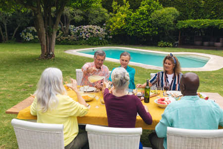 Multiracial senior men and women having food at table during backyard party. unaltered, lifestyle,...