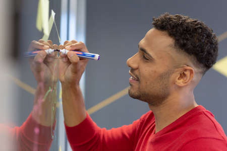 Side view of hispanic male advisor writing strategy on glass wall while brainstorming at workplace....