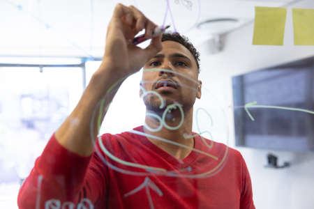 Hispanic male advisor writing strategy on glass wall while planning at boardroom in office....