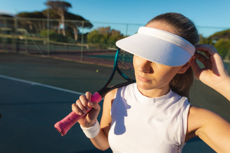 Young female caucasian tennis player wearing white visor cap holding racket at court on sunny day....