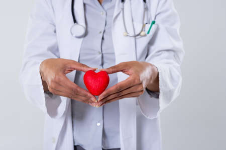 Midsection of african american mid adult female doctor holding red heart against white background. doctor, heart, cardiac, medical, disease, healthcare, hospital and medical occupation concept.の写真素材