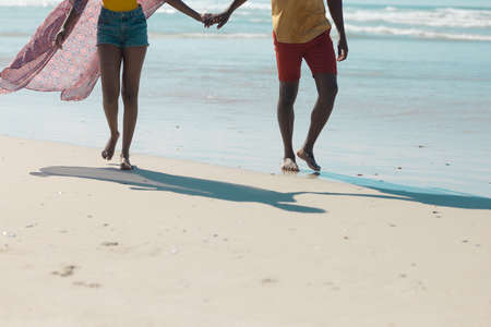 Low section of african american young couple holding hands and walking at shore against sea. summer,...