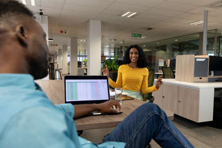 Happy biracial businesswoman in meeting with african american businessman at modern workplace....