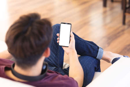 High angle view of asian teenage boy using smartphone while sitting on sofa in living room. copy space, unaltered, wireless technology, lifestyle and home concept.の写真素材