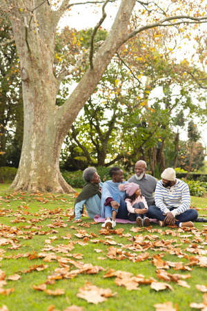 Vertical image of happy african american multi generation family in autumn garden. Family and...