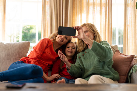 Image of happy three generation caucasian women sitting on sofa and taking selfie. Family and...