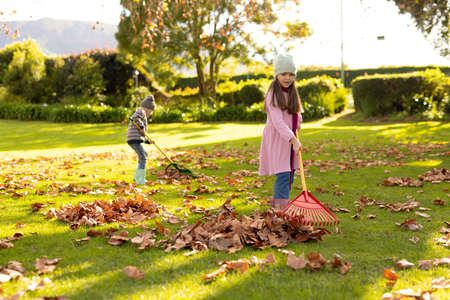 Image of happy caucasian girl and boy swiping leaves in autumn garden. Childhood, fun, autumn and spending time outdoors concept.の写真素材