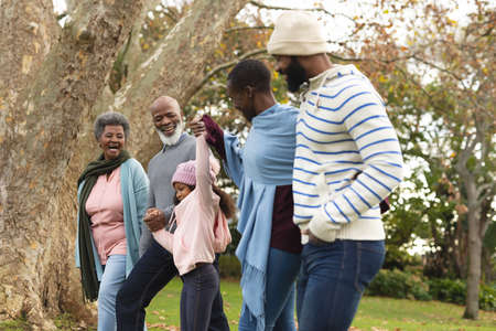 Image of happy multi generation african american family having fun outdoors in autumn. Extended...
