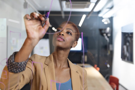 African american young businesswoman planning strategy on glass wall in board room. Unaltered,...