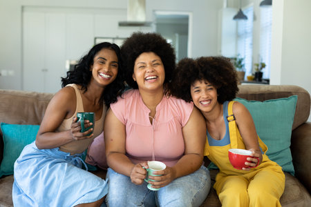 Portrait of cheerful biracial young female friends holding coffee cups relaxing on sofa at home. Drink, happy, unaltered, friendship, togetherness, social gathering, enjoyment and weekend activities.の写真素材