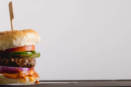 Close-up of fresh burger against white background with copy space. unaltered, food, studio shot and unhealthy food concept,の写真素材