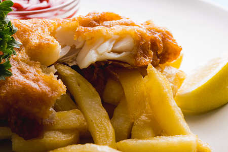 Close-up of seafood with french fries in plate, copy space. unaltered, food, fried food, ready-to-eat and meal.の写真素材