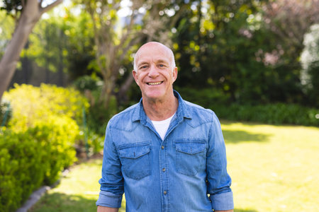 Portrait of senior caucasian men wearing blue shirt and standing in the garden. Retiring, spending...