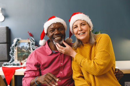Happy diverse senior couple in santa hats making christmas video call, woman touching man's beard. Christmas, communication, celebration, retirement, togetherness and inclusivity concept.の写真素材