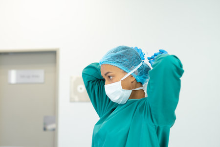 Biracial female surgeon in gown and cap tying on mask in operating theatre, copy space. Hospital,...