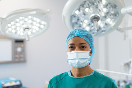 Portrait of biracial female surgeon in surgical mask and cap in operating theatre. Hospital, medical and healthcare services, copy space.の写真素材