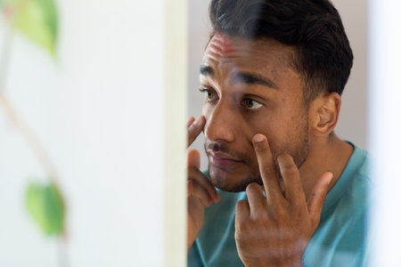 Biracial man touching his face and looking at his eyes in bathroom mirror. Lifestyle, self care and domestic life, unaltered.の写真素材